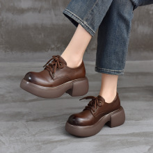 单鞋女2025春秋新款粗跟高跟小皮鞋头层全软底系带乐福鞋