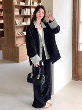 韩版高级感牛仔拼接西装外套阔腿裤两件套女春秋季新款西装套装