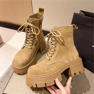 Thick-Soled Heightening Boots for Women British Style Rhubarb Boots 2025 Autumn and Winter New Thick-Heeled Short Boots Lace-Up Women's Boots