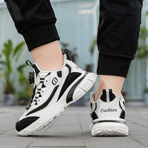 Children's Sports Shoes  Autumn/Winter, Boys' Leather Surface Breathable Sports Shoes, Girls' Running Shoes, Student Rotation Button Shoes