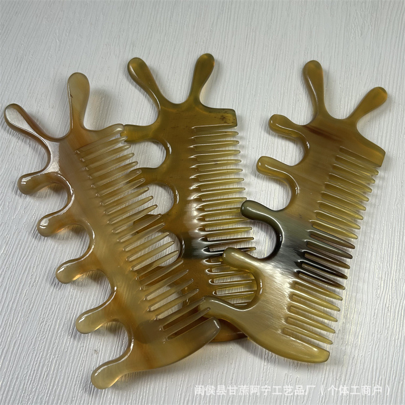Natural Horn Comb Double Sided Five Tooth Scalp Massage Comb Head Meridian Gua Sha Style 10-15CM overview