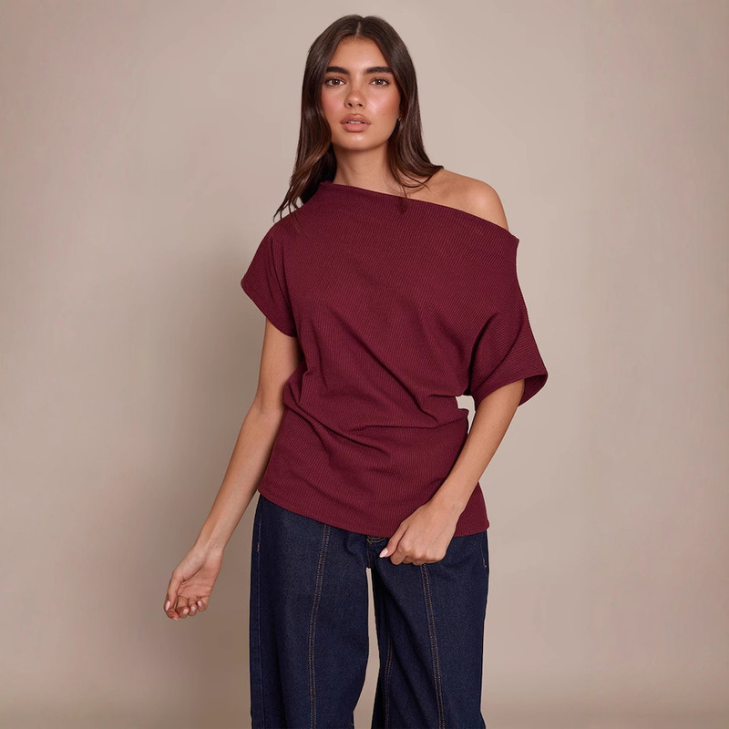 New Cross-Border Niche Irregular Off-Shoulder Short-Sleeve T-Shirt for Women, Autumn Design, Slim-Fit, American Style