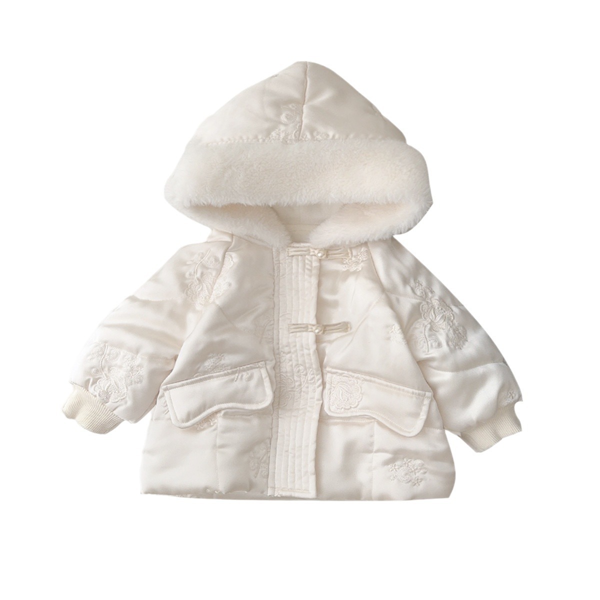 Chicas coreanas otoño e invierno más chaqueta con capucha acolchada de terciopelo chaqueta acolchada de invierno de bebé femenino más pantalones de terciopelo de dos piezas