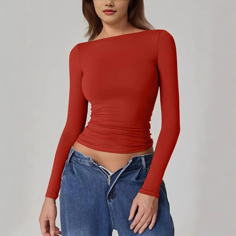 Cross-Border European and American Style Autumn Tops, Sexy Backless Long-Sleeved Shirts, Round Neck T-Shirts, Hot Girl Slim-Fit Outing Wear for Women