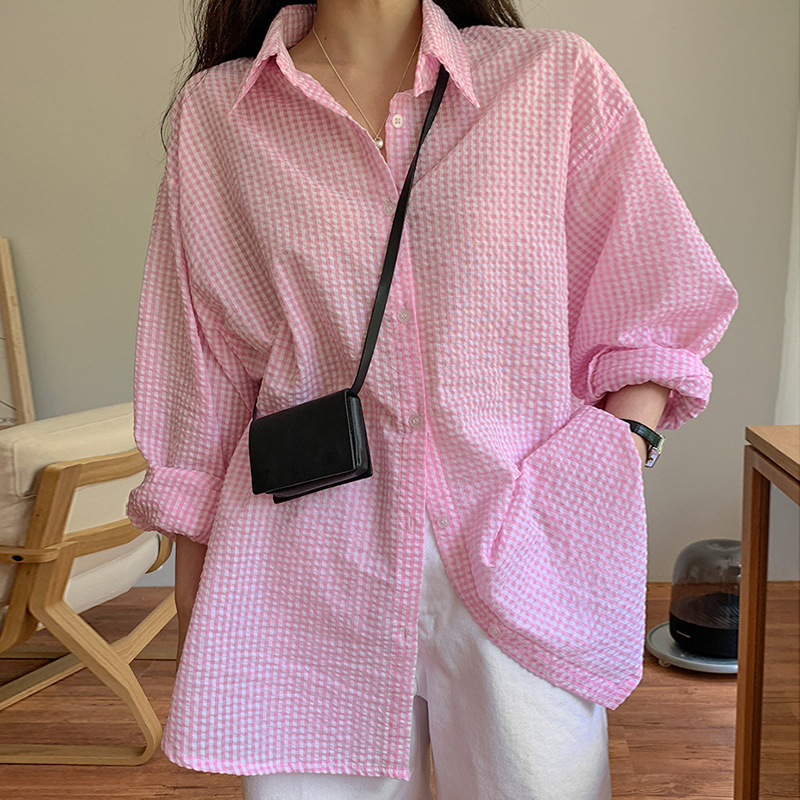 Spring and Autumn 2022 New Korean chic Laps Single-Breasted Textured Plaid Loose Anti-Sunscreen Long Shirt for Women