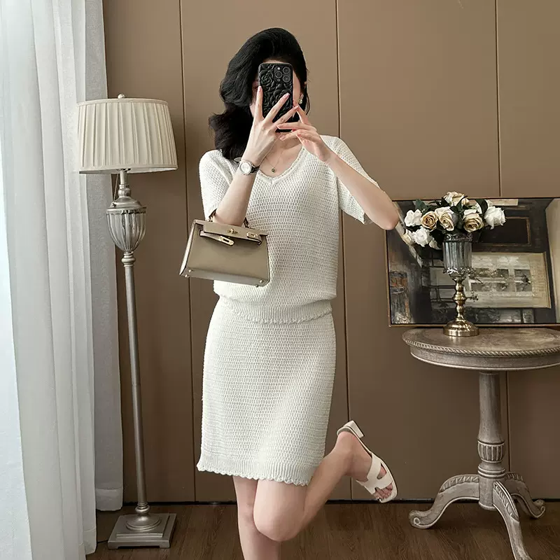 小香风气质高级感白色冰丝针织两件套装裙女夏季宽松时尚休闲套装