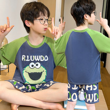 外贸夏季精梳棉男童睡衣短袖短裤男孩女宝宝卡通家居服批发潮韩版