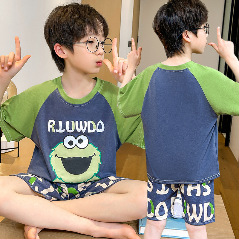 外贸夏季精梳棉男童睡衣短袖短裤男孩女宝宝卡通家居服批发潮韩版