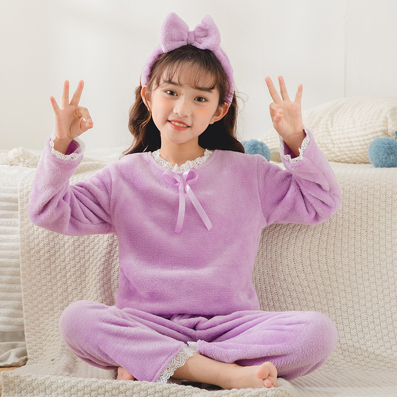 Pijamas infantiles niñas de franela pequeña princesa calentamiento otoño y invierno más terciopelo grueso dibujos animados ropa para niños de tamaño mediano ropa para el hogar