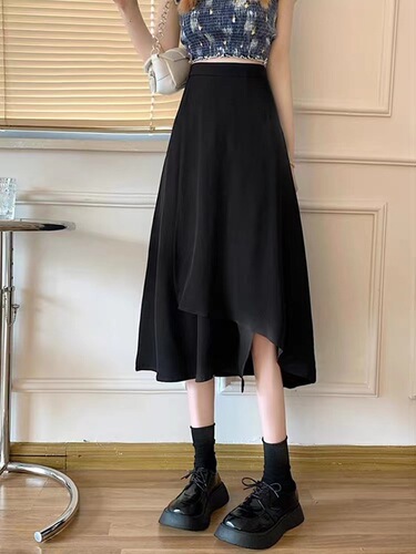 Black Casual Plus Size A-line Semi-skirt Women's Spring Skirt Umbrella High-waist Women's Irregular Autumn Fat mm
