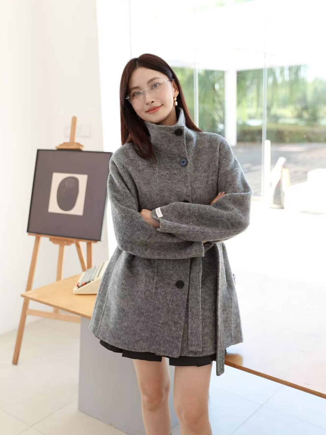 カシミヤバージョンにアップグレード!スタンドカラー、シングルボタン、紐付き、新作両面ウールコート、レディースショート丈、小柄な方向け、25秋冬