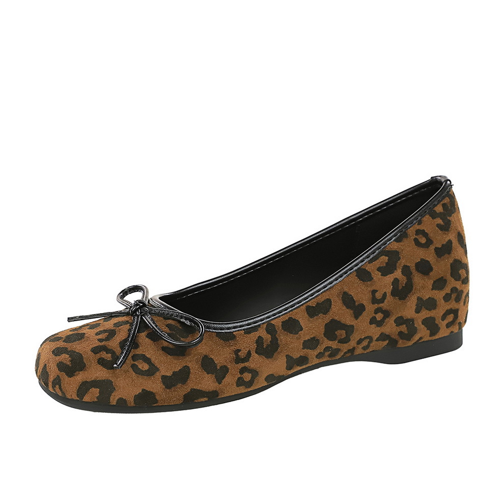 836-11 Leopard print bow decoration round head, shallow mouth, patent leather, raised inside, easy to pedal, single shoe for women