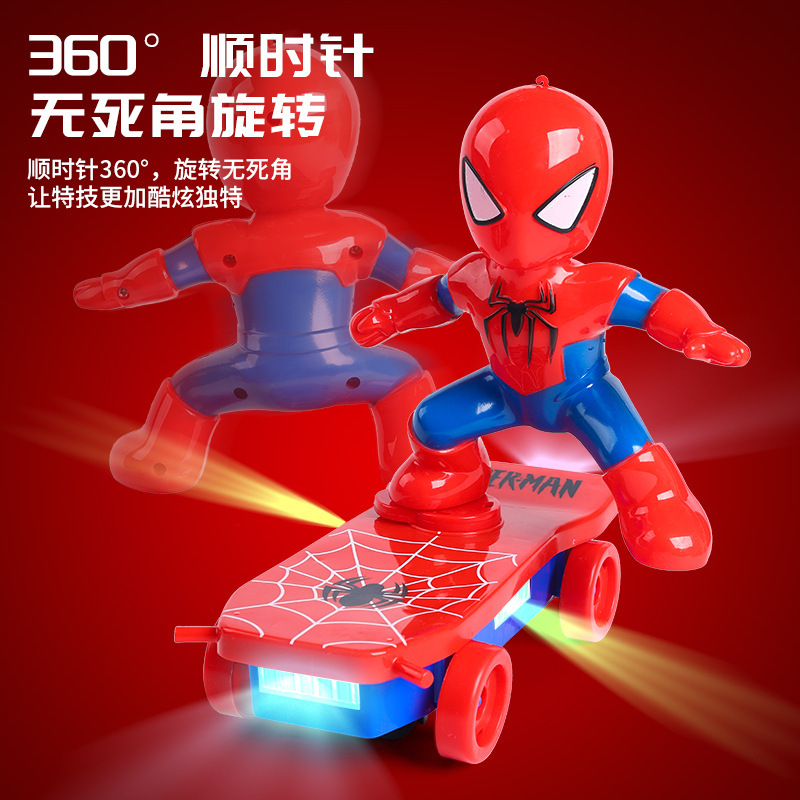Transfronterizo Spiderman trucos universales coche trepa luz banda skateboard música coche de juguetes eléctricos Spiderman