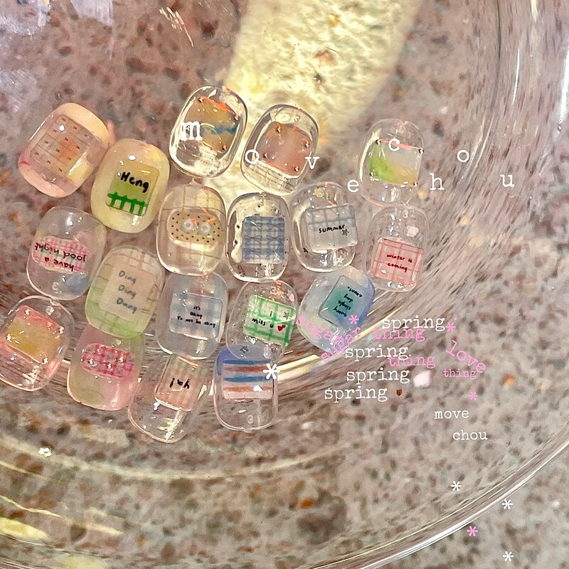 Korean Style Ins Short Nail Jewelry Summer Clear Plaid Acrylic Patch DIY Hand-Painted Korean Style Painted Nail Jewelry