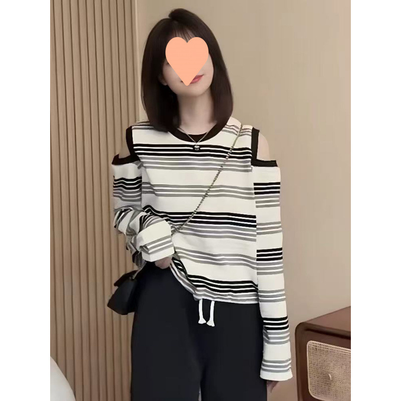 条纹露肩长袖T恤女2025新款爆款早秋季设计感独特漂亮超好看上衣|undefined