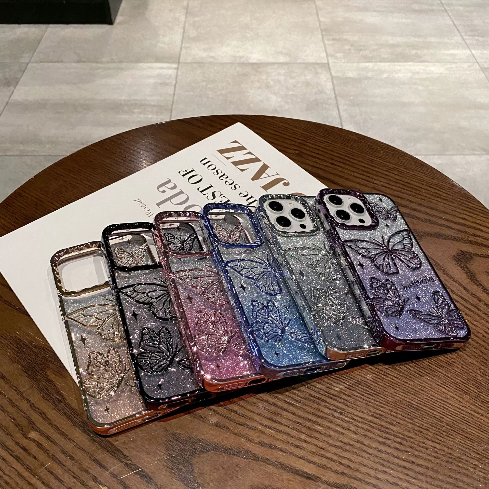 镂空蝴蝶透明手机壳适用iPhone15苹果立体防摔电镀金属光泽手机壳