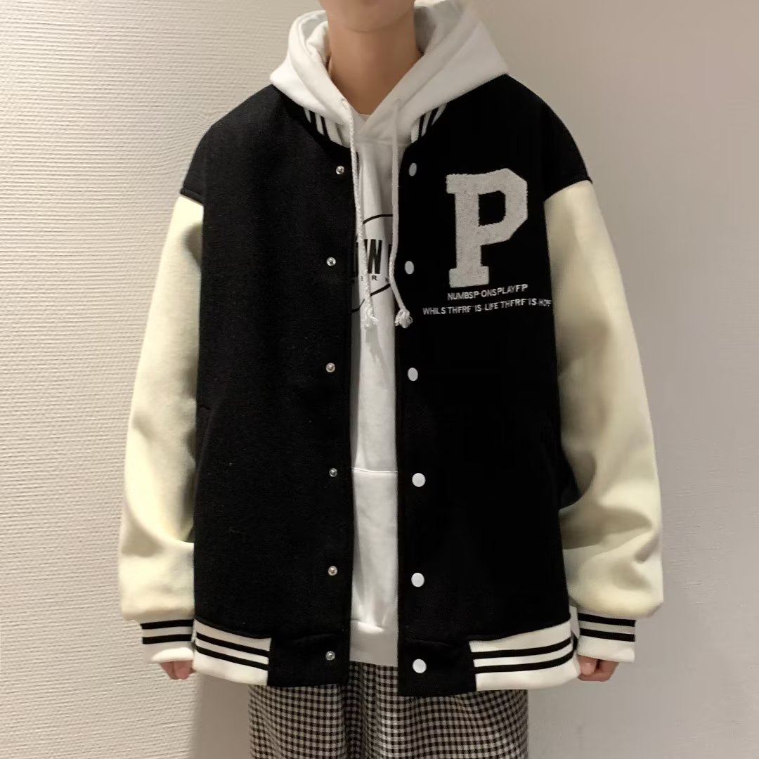 美式棒球服男春秋季潮ins拼色植绒刺绣夹克oversize学院情侣外套