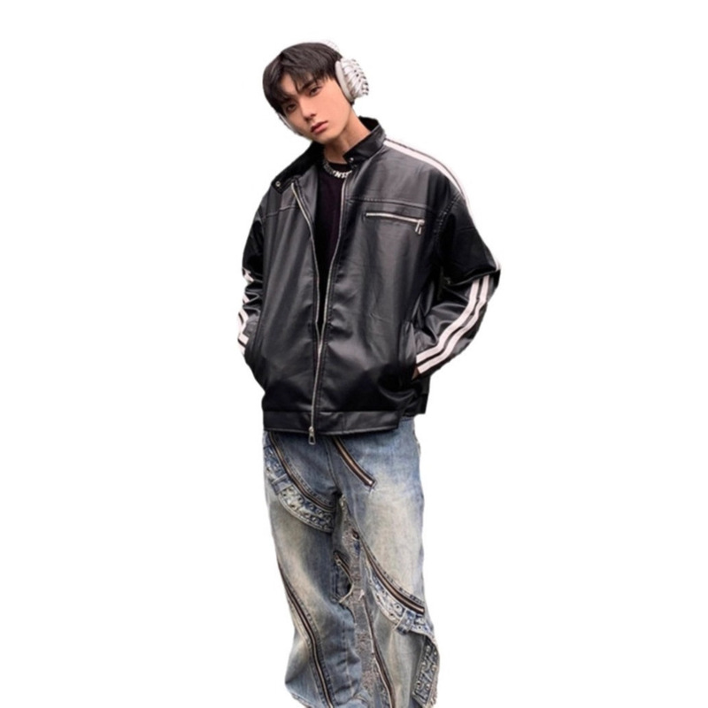 美式复古条纹廓形美拉德皮衣外套男春秋季设计感高级感正肩PU夹克|undefined