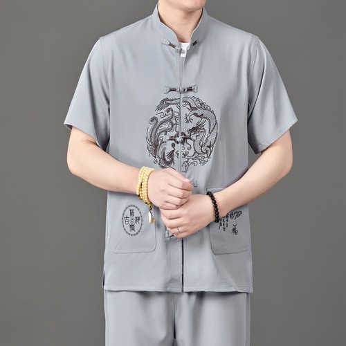  kung fu uniforms Tang Suit for man linen summer wear short-sleeved 60-70 - year - old grandpa suit the elderly men's clothes