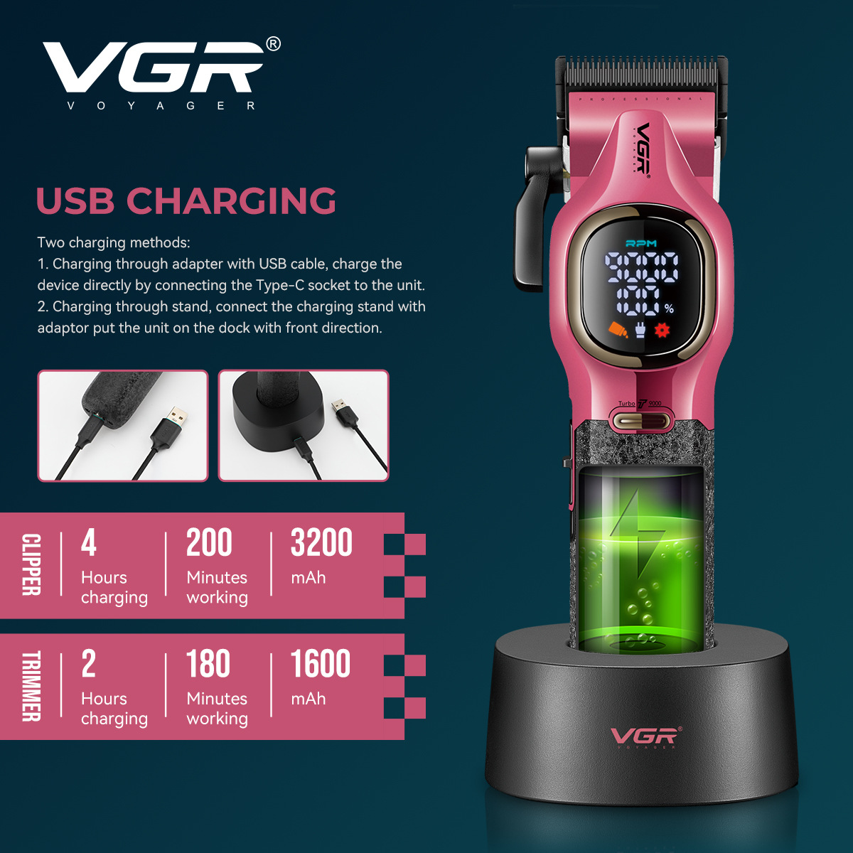 Electric Hair Clipper Set with Base Charging High Speed 8000 9000 RPM New_voghion.com
