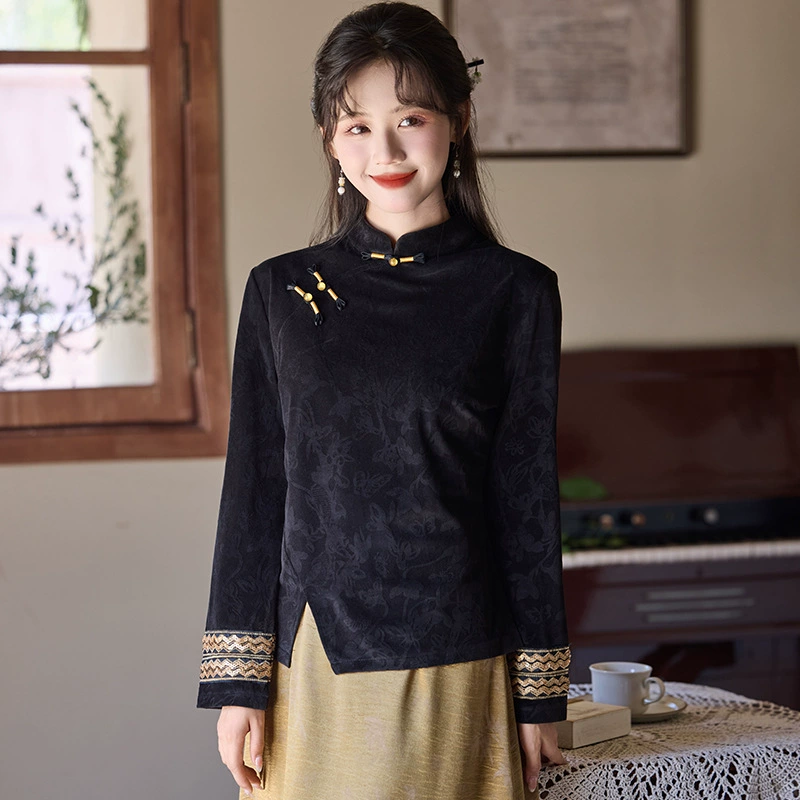 2025 Autumn and Winter New Chinese Retro Women's Stand-up Collar Button Small Shirt National Style Chic Slit Versatile Bottoming Shirt Top