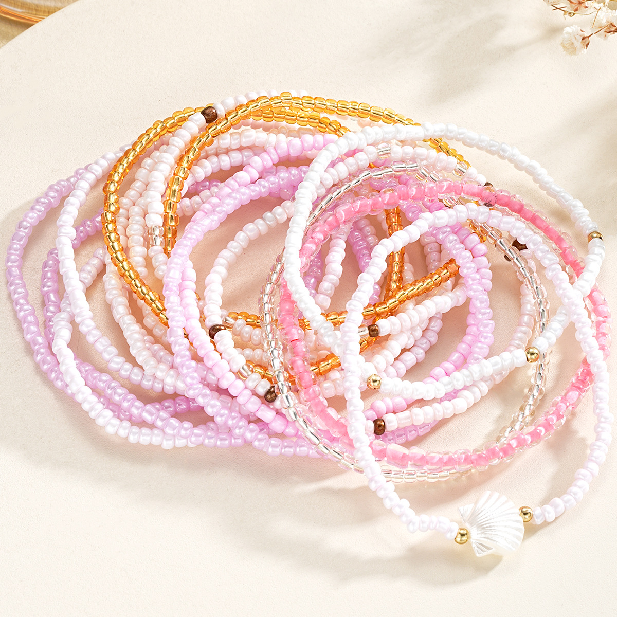 new hand-woven Bohemian style color beaded multi-layer rice beads shell bracelet 17-piece set_voghion.com