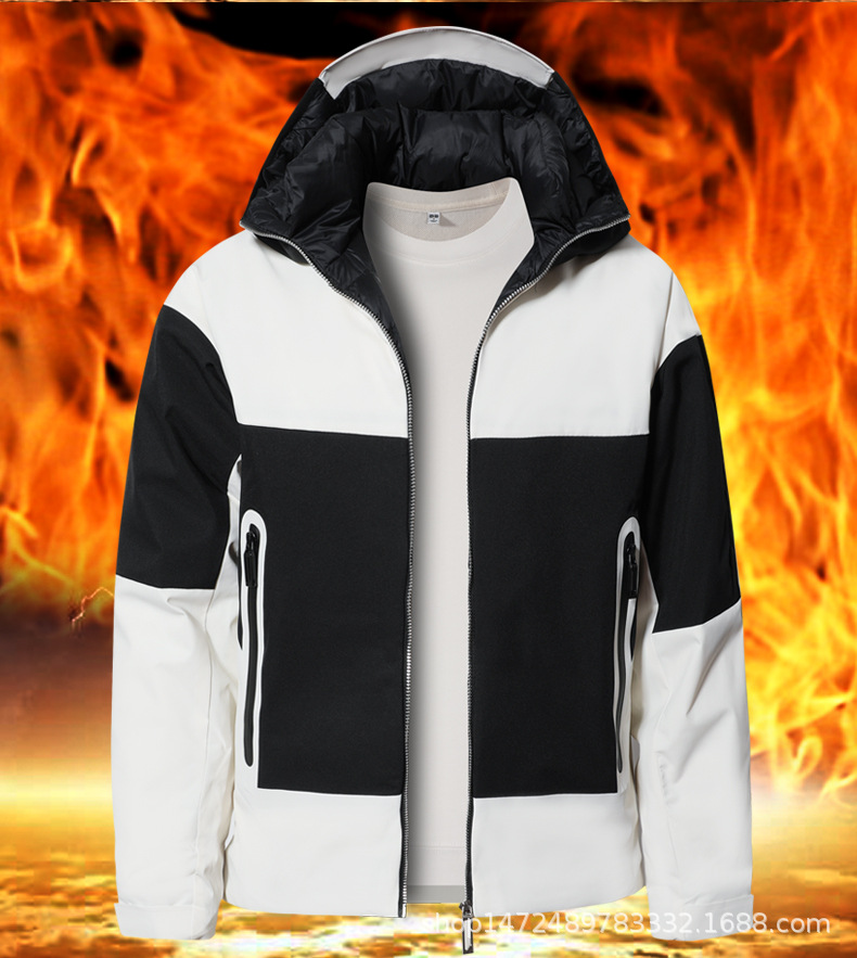 Hombre transfronterizo invierno encapuchado chaqueta juvenil de color contrastante campamento al aire libre impermeable chaqueta de pareja