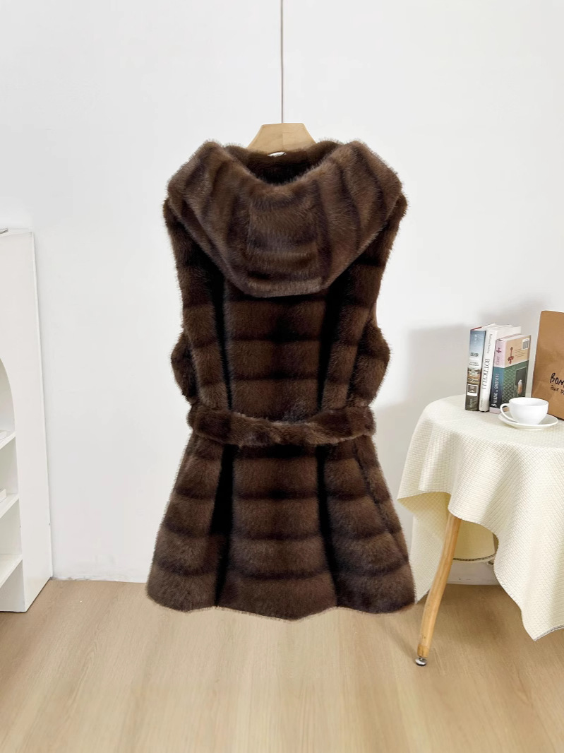 Aliexpress nuevo cinturón de comercio exterior chaleco chaqueta de rayas horizontales de visón chaqueta con capuzas estilo corto delgado