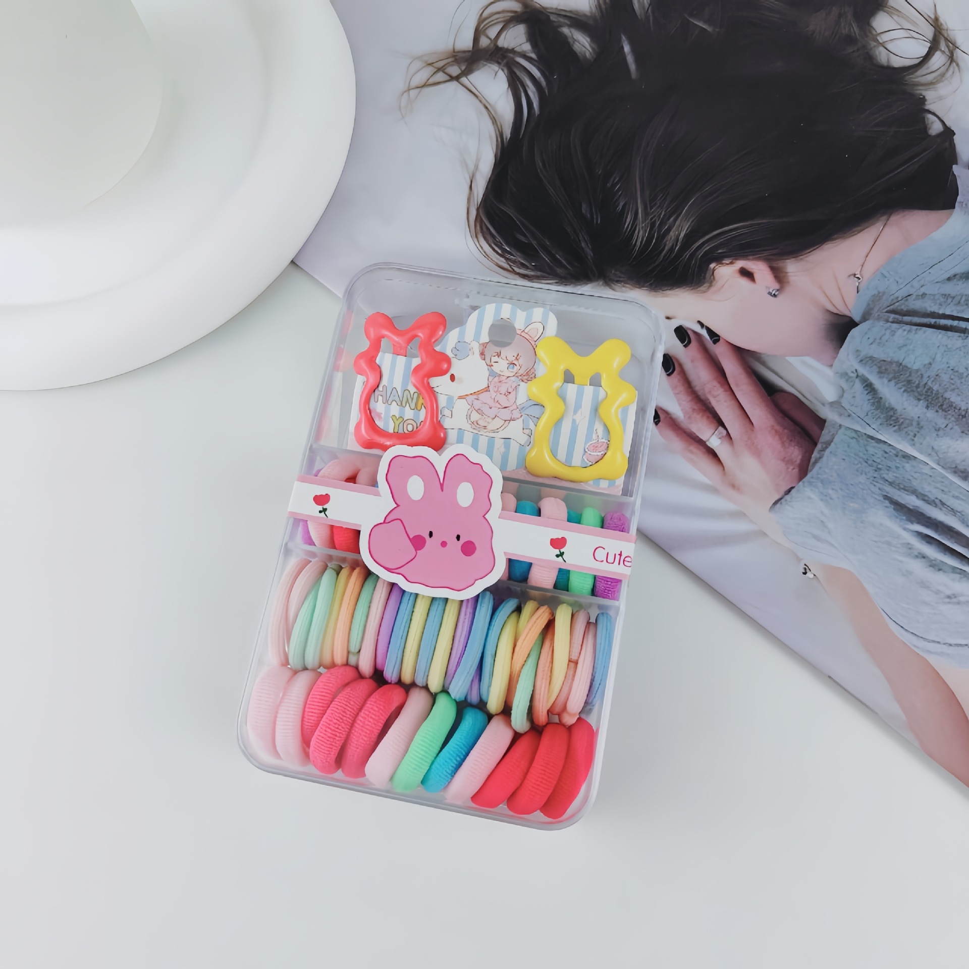Niños de color pulgar fideos anillo de cabello no daña cabello cuadrado caja de banda nuevo anillo no daña cabello conjunto de combinación