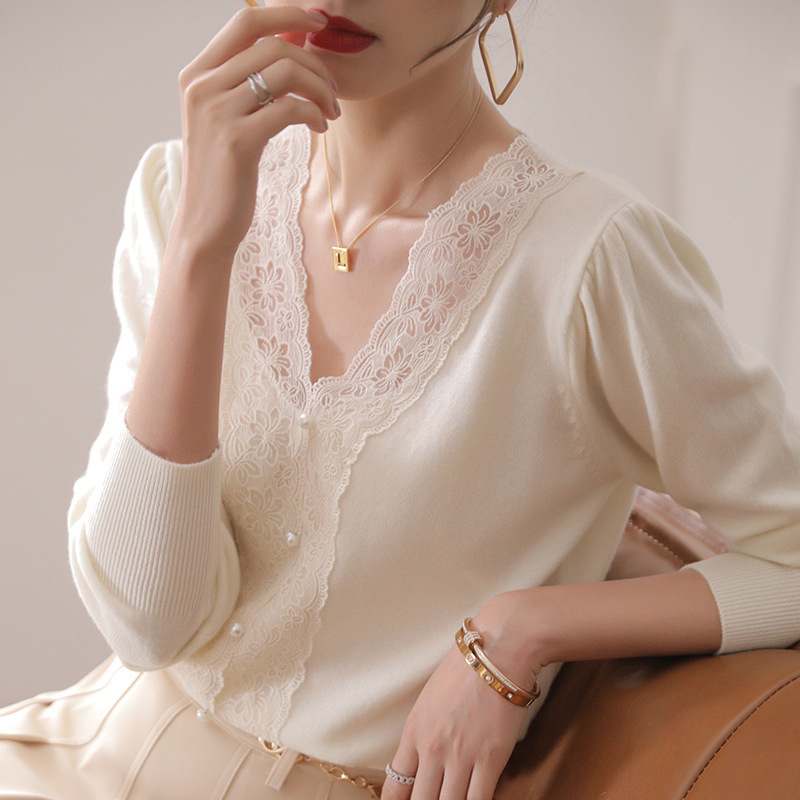 Women's Clothing Wholesale New Style 2026 Spring and Autumn Fashion French Slim-Fit Top V-Neck Lace Patchwork Knitwear Women's Long-Sleeve Women's Clothing Wholesale New Style 2026 Spring and Autumn Fashion French Slim-Fit Top V-Neck Lace Patchwork Knitwear Women's Long-Sleeve