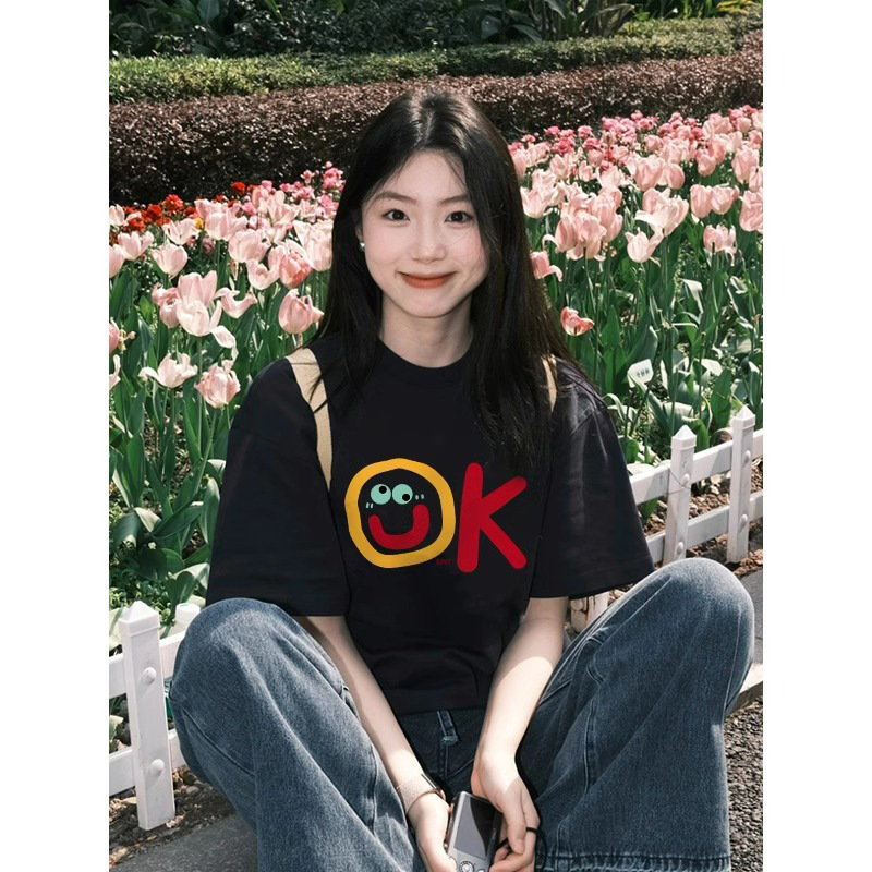 Black Pure Cotton Short-Sleeved T-Shirt for Women Summer 2026 New Style Dopamine Unique Super Nice Slimming Look Loose Korean Style Top