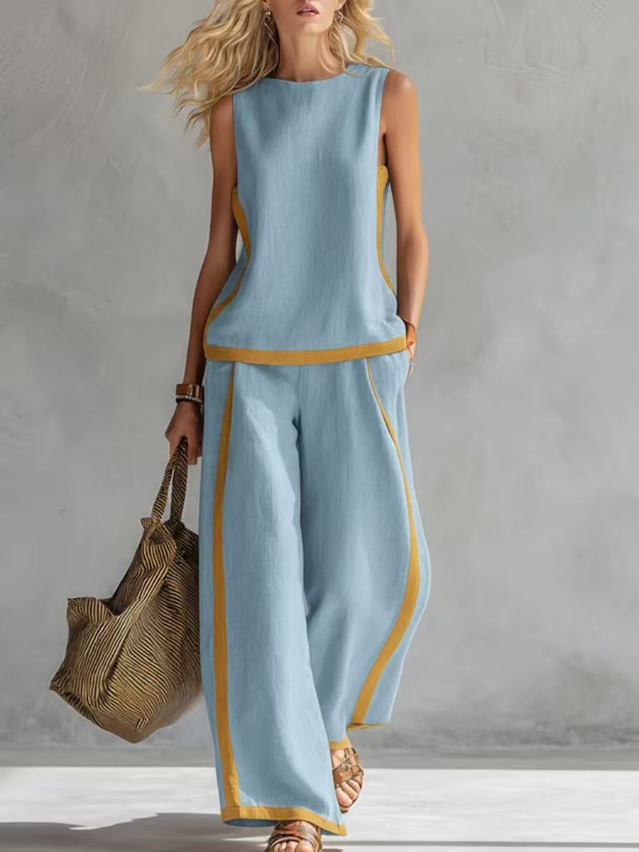 Women's Color-Block Wide-Leg Jumpsuit Casual Summer Two-Piece Set Sleeveless Comfortable Lounge Outfit with Contrast Trim_ecoleips.com