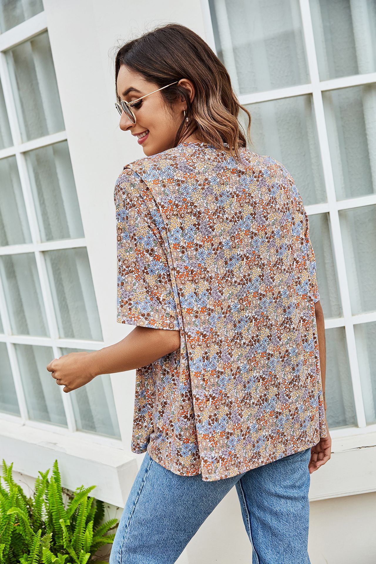 Fashion flower print loose tee NSLM49049