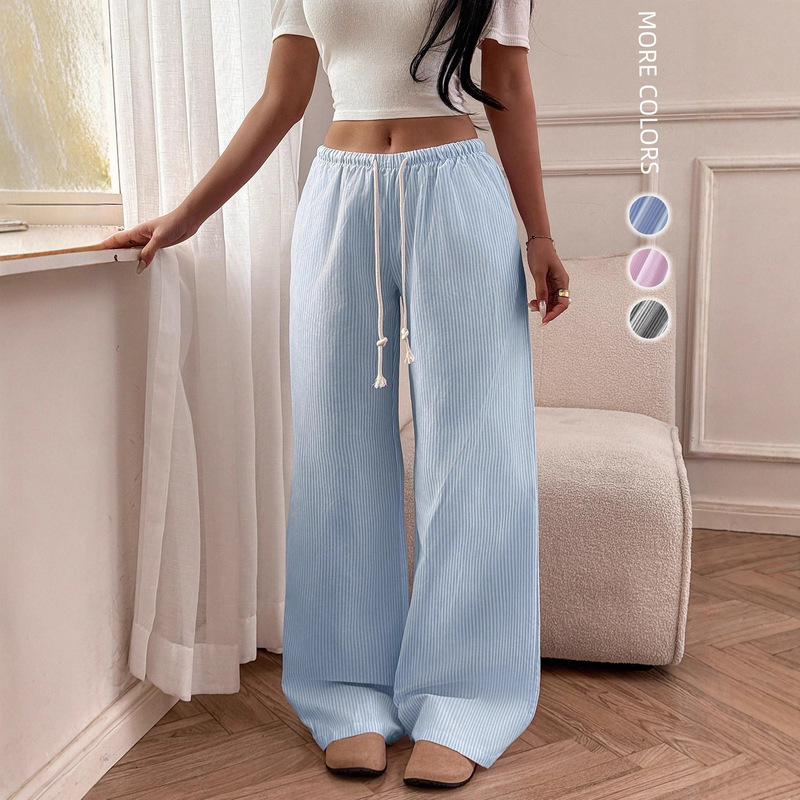 European and American Cross-Border 2025 New Striped Straight-Leg Pants Casual Versatile Tie Fashion Loose Wide-Leg Women