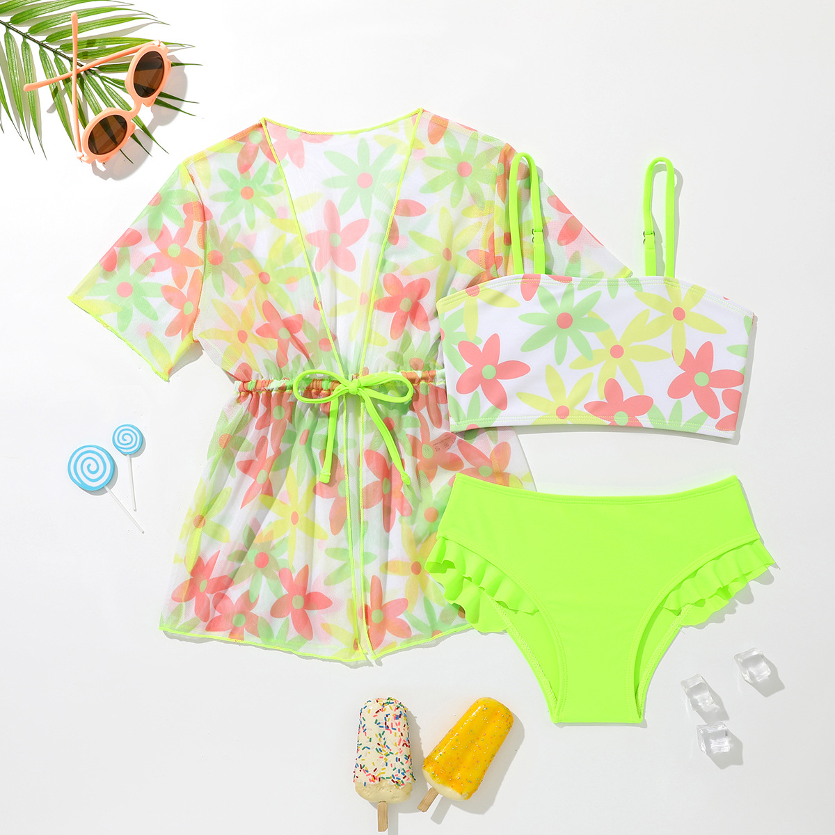 2025 Children 4-7 Years Old Three-Piece Swimsuit Cartoon Floral Cover-Up Girls Swimwear Amazon Hot Style