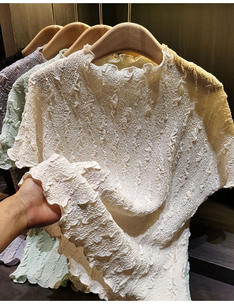 Áo thun nữ tay ngắn cổ tròn phối ren hoa nổi cao cấp — màu đen, Xanh lá cây nhạtcolor, màu tím nhạt, màu mơ chi tiết 1