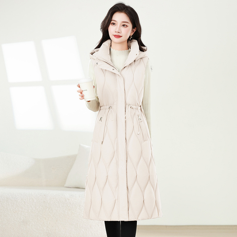 [Dropshipping] Women's long quilted cotton vest with hood, drawstring waist, and knee-length sleeveless design