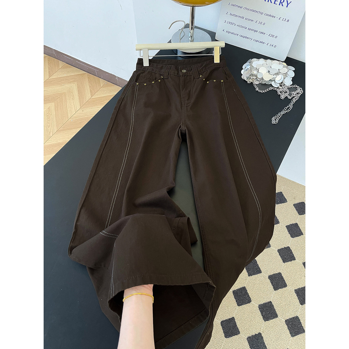 Women's High-Waisted Slimming Wide Leg Trousers Brown Rhinestone Patchwork Casual Denim Jeans Pocket Detail Retro American Style Spring Fashion_ecoleips.com
