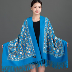 韓国風手刺繍スカーフ、銀葉花柄スカーフ、大紅色スカーフ、お母様用暖かい秋冬用女性ショール