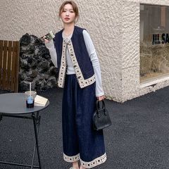 韩系老钱风蕾丝拼接牛仔三件套女2025早春新款马甲内搭阔腿裤套装