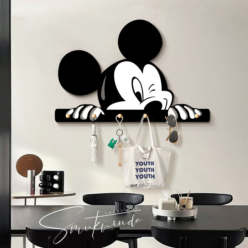 Black and White Minimalist Wall Mickey Clothes Hanger Hole Board Hook Shape Integrated Storage Rack Creative Home Decoration