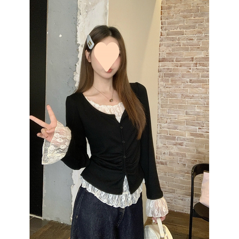 大きいサイズのカジュアルで高級感のある女性用レース長袖シャツ、春の偽ツーピースボトムシャツ、太った肉をカバーして痩せるトップス|undefined