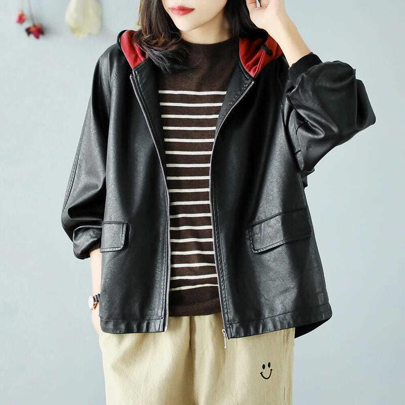 连帽皮衣外套女2025秋冬新款大码宽松夹棉棒球服百搭休闲夹克上衣|undefined