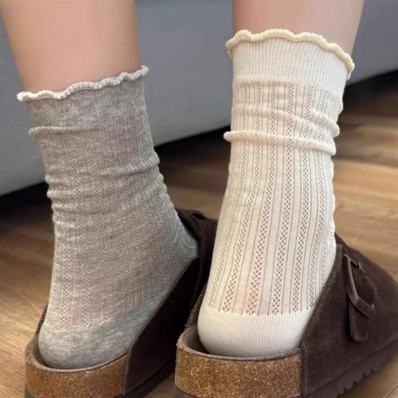 Miu Ballet Style Gray Socks for Women Spring and Summer Thin Mid-Calf Socks with Fungus Lace and Mary Jane Pile Stockings for Women