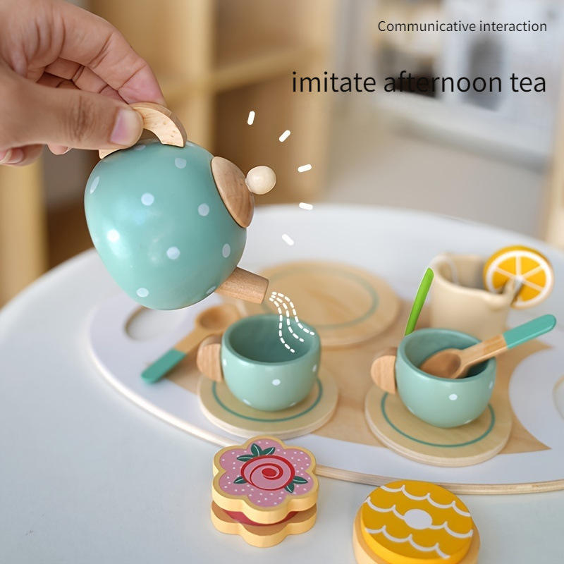 Juego de té de madera Juguetes educativos para niños Juego de té de la tarde de simulación de la casa Juegos de la casa para niños