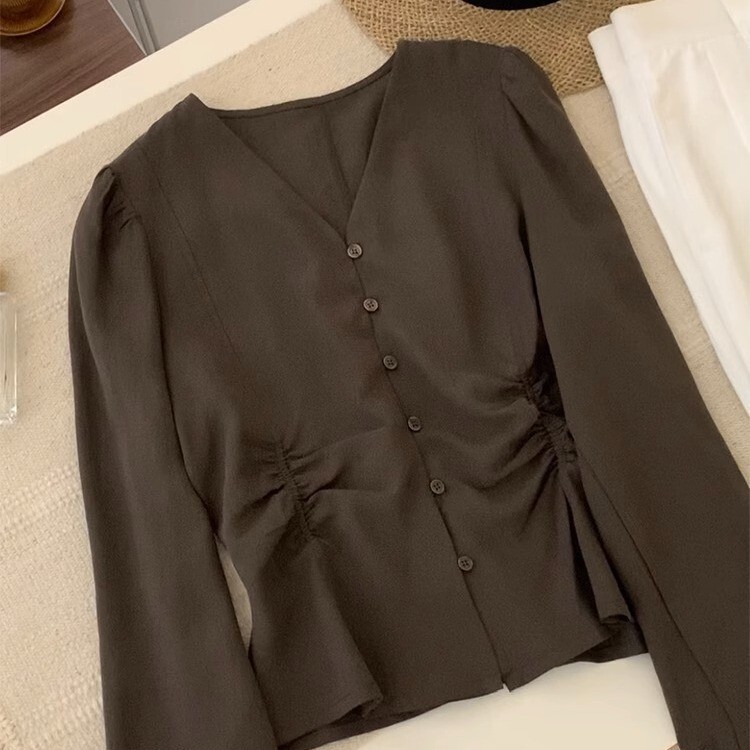 2024 spring and autumn slim fit chocolate brown high quality pleated V-neck shirt women's long sleeve all-matching top