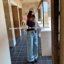 浅蓝色直筒牛仔裤女小个子韩系简约百搭重工轻奢侧边镶钻阔腿裤