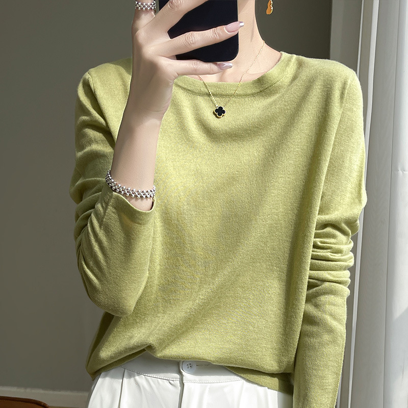 Spring and Autumn Fine Wool Long-Sleeve Knit Sweater for Women, Round Neck, Thin Mulberry Silk T-Shirt, Versatile Base Sweater