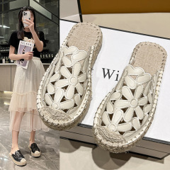 Fishing Boot Slippers for Women, Outdoor Wear 2024 New Summer Hooded Slippers with Hollow Out Design, Korean Style, Jute Sole Flat Women's Shoes