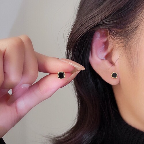 Black square small earrings women's sterling silver earrings 2024 new hot style exquisite temperament high-end ear piercing earrings